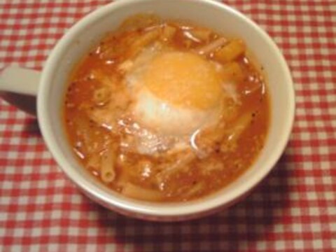 温泉卵とショートパスタのトマトスープ☆